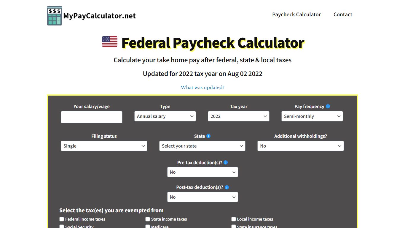 Free Paycheck Calculator | Tax year 2022 - MyPayCalculator.net